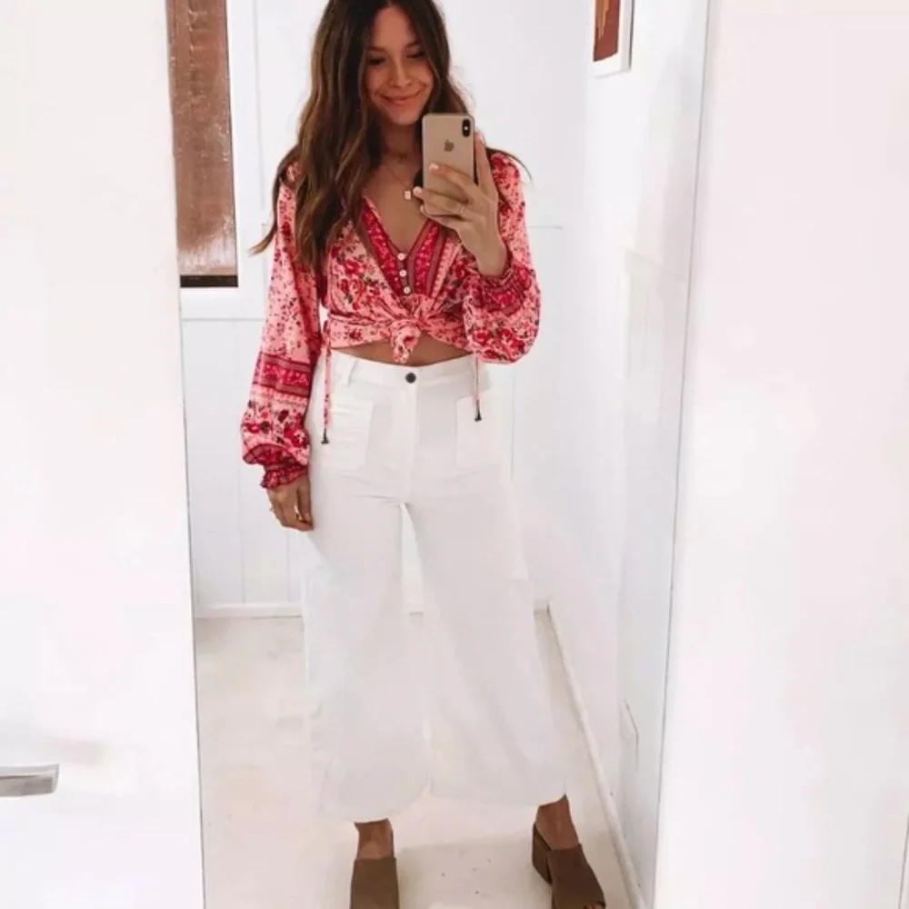 SOLD OUT Pink Floral Gypsy Bohemian Button Long Sleeve Top - Picture 8 of 11